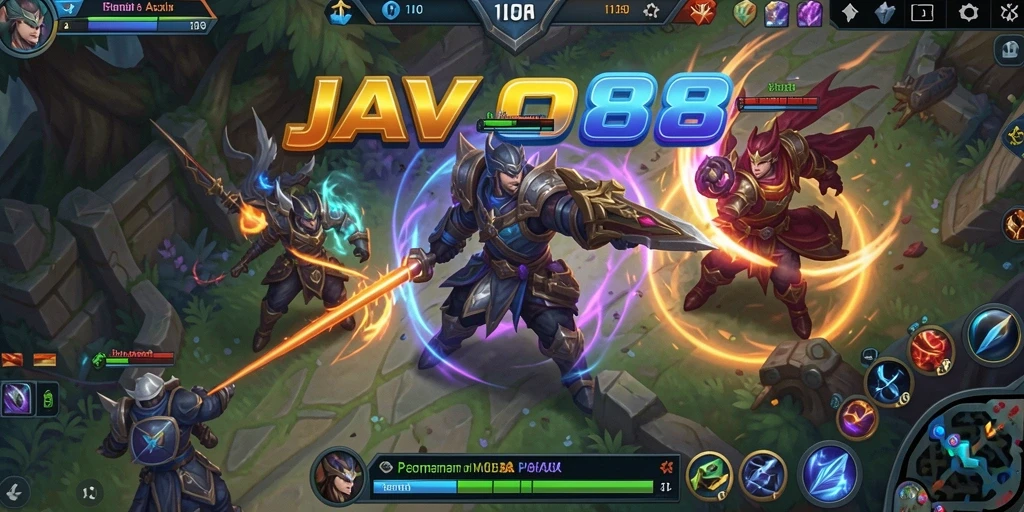 Screenshot utama JAVO88 menampilkan aksi bermain MOBA intens.