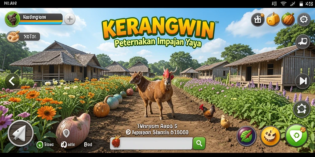Screenshot gameplay KERANGWIN menampilkan ladang yang subur dan berwarna-warni.