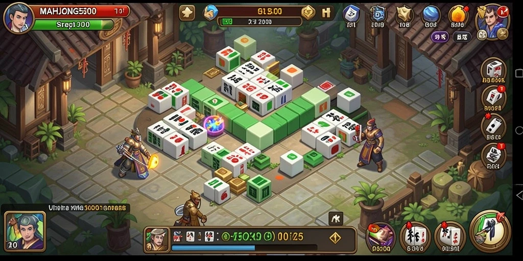 Screenshot gameplay MAHJONG500 menampilkan pertarungan Tower Defense yang intens.