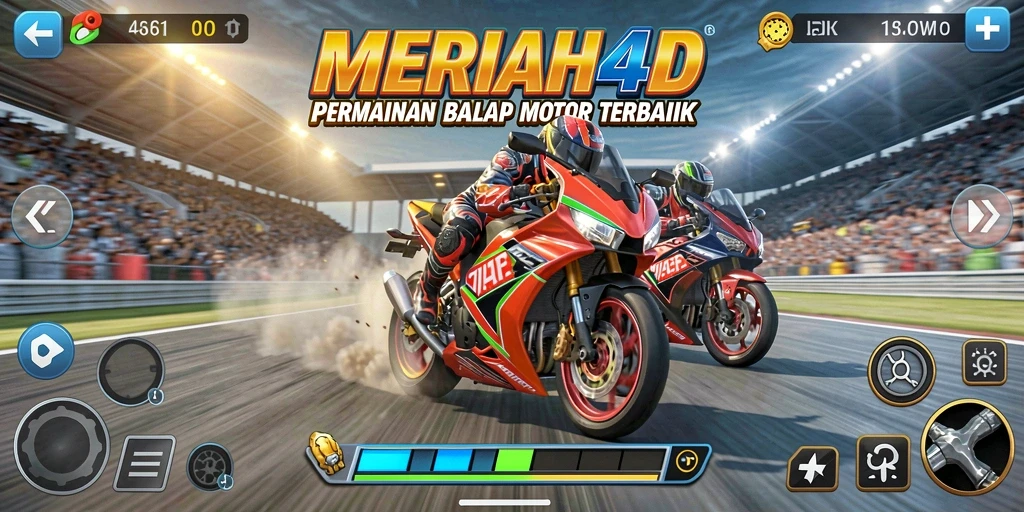 Tampilan gameplay <strong>MERIAH4D</strong> yang mendebarkan dan penuh aksi balap motor.