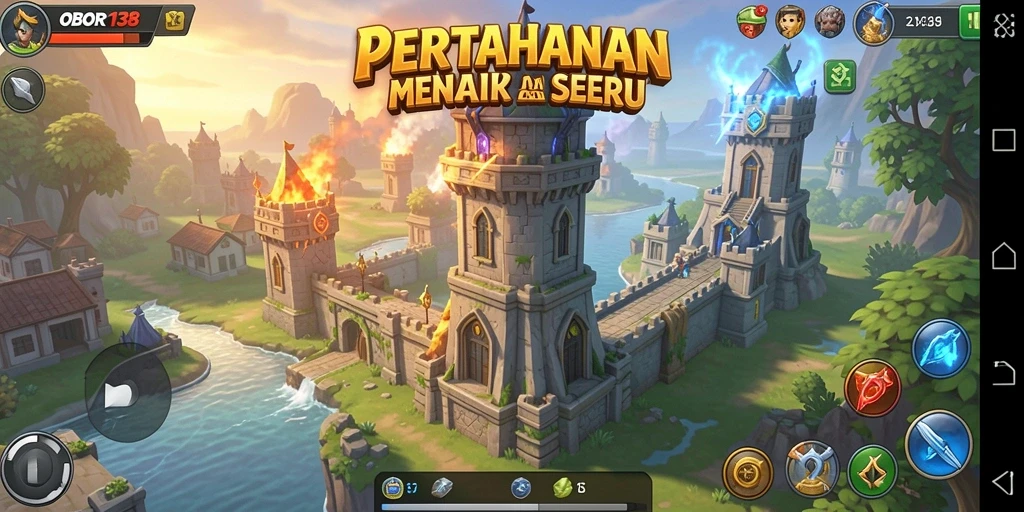 Screenshot gameplay Tower Defense OBOR138 dengan menara kuat melawan gelombang musuh.