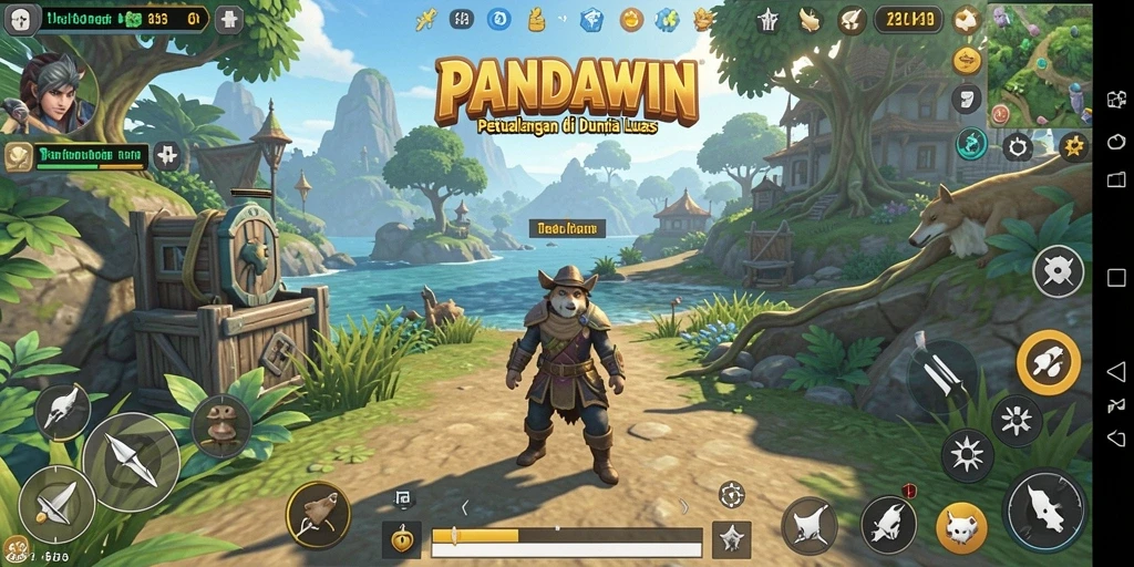 Screenshot gameplay PANDAWIN menampilkan dunia terbuka yang memukau.