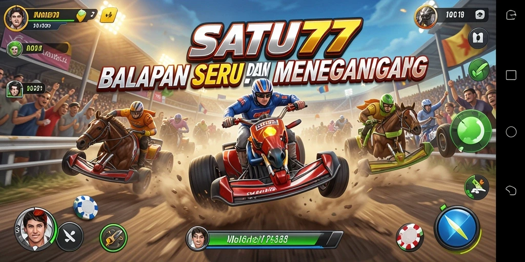 Tampilan utama gameplay SATU77 menampilkan mobil balap di lintasan yang berwarna-warni.