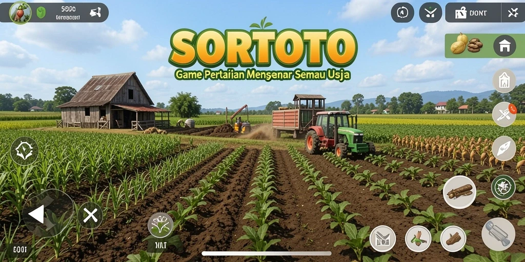 Screenshot utama SORTOTO menampilkan aktivitas bertani yang seru.